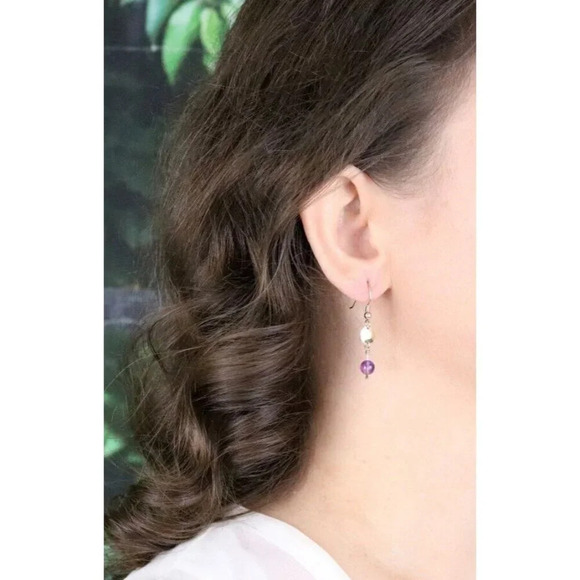 10k Yellow Gold Natural Amethyst Dangle Drop Earrings - Picture 4 of 7